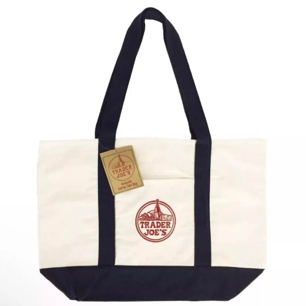TRADER JOES HEAVY DUTY LARGE COTTON CANVAS FASHION TOTE /SHOULDER BAG NAVY NWT